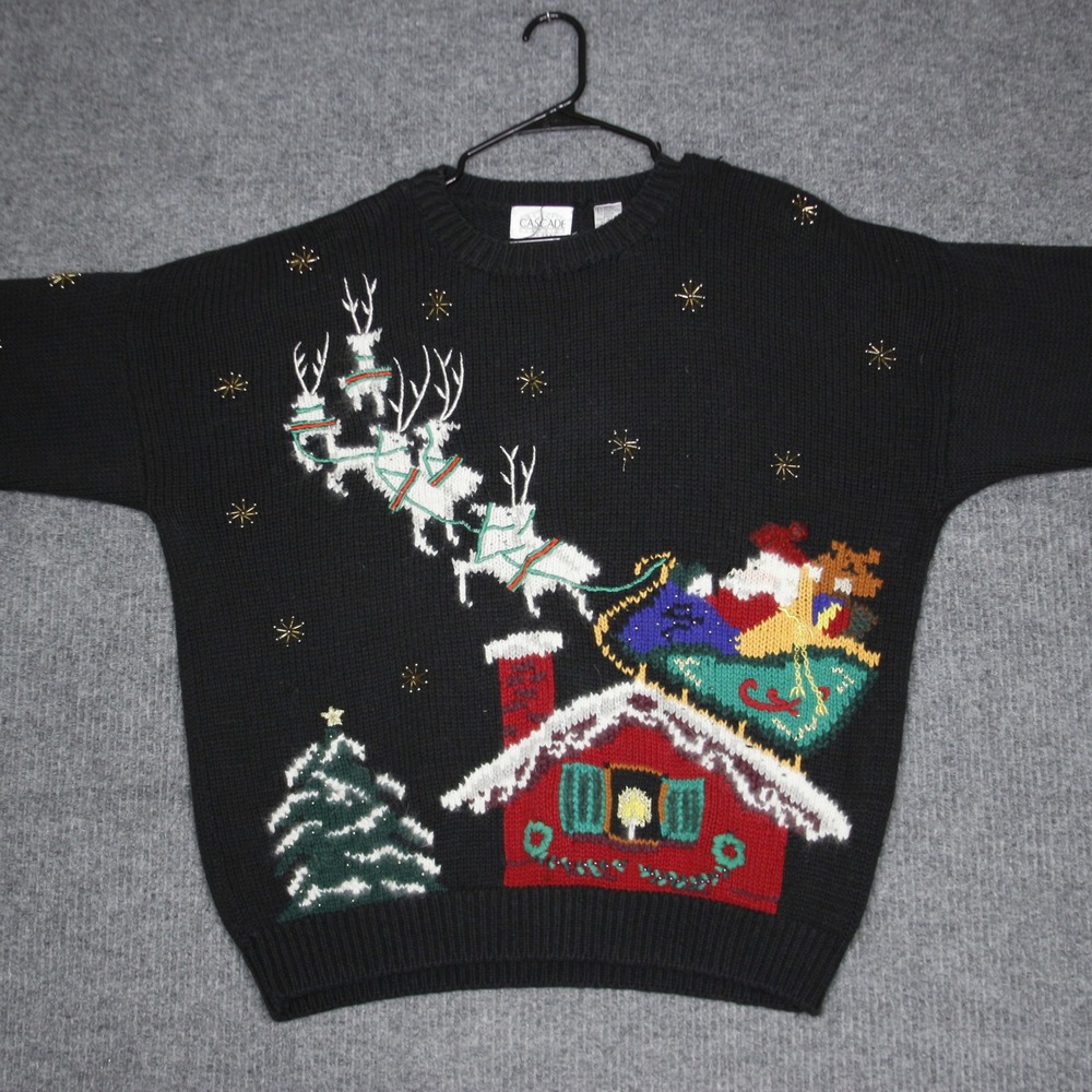 Cascade Classics Woman 1X Black Ugly Christmas Sweater‎ Santa Reindeer House